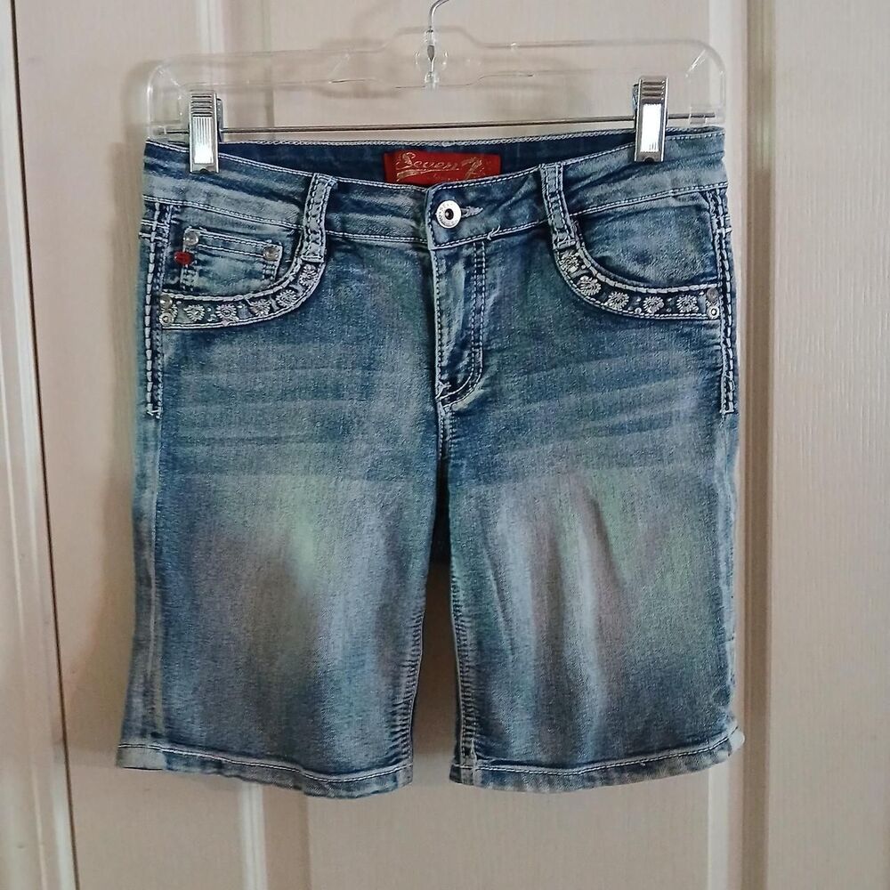 Y2K Style Seven 7 denim Bermuda shorts silver rhinestone embellishments Girls 14